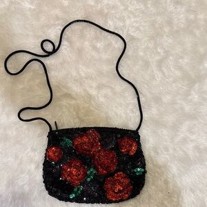 Vintage Black Beaded Crossbody Bag Red Rose Sequin Floral Evening Mini EUC